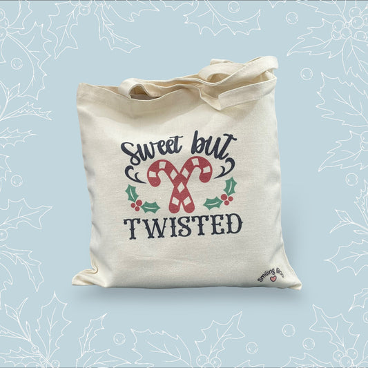 Canvas tote bag with ‘Sweet but Twisted’ and two crossed candy canes